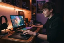 Gamer using an Acer Nitro gaming laptop with RGB keyboard lighting in a home setup