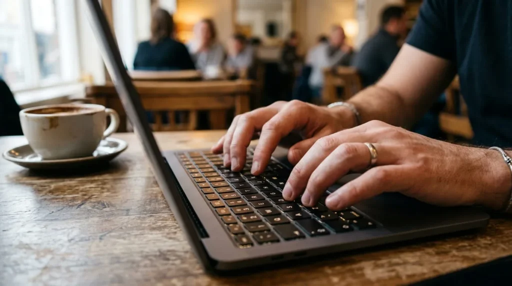 Best Laptops for Writers in 2026 2 Close-up of hands typing on one of the best laptops for writers
