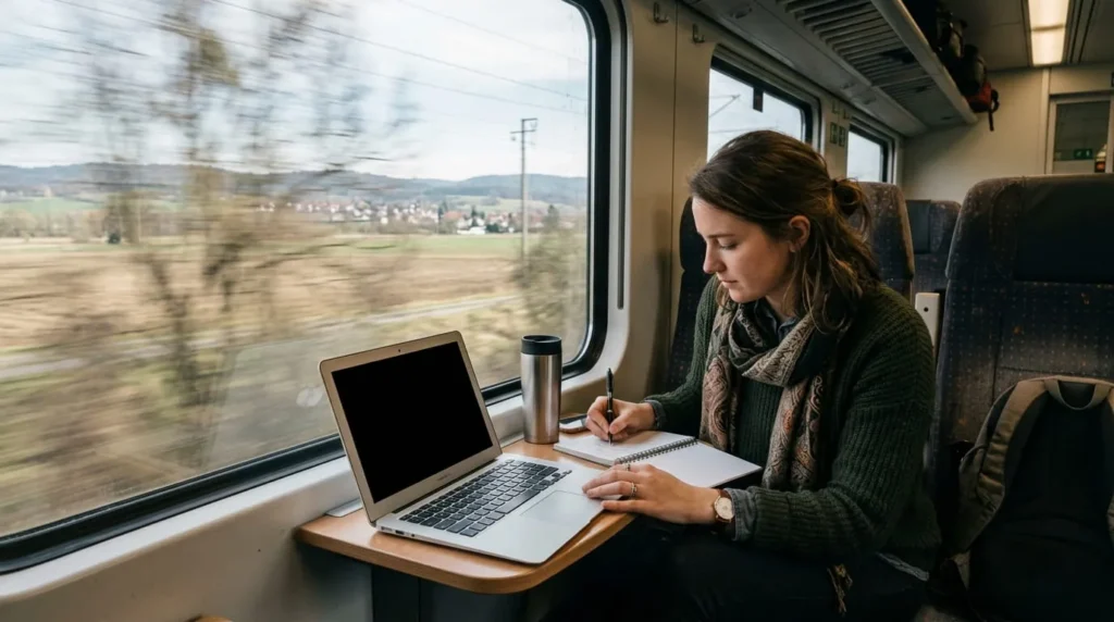 Best Laptops for Writers in 2026 3 Writer using a lightweight laptop with long battery life, one of the best laptops for writers who travel