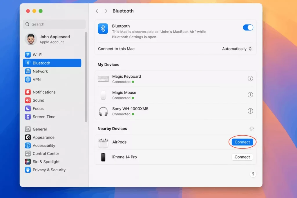 How to Connect AirPods to a Laptop (Windows and Mac) 4 macOS System Settings Bluetooth pane showing AirPods listed under Nearby devices with Connect button