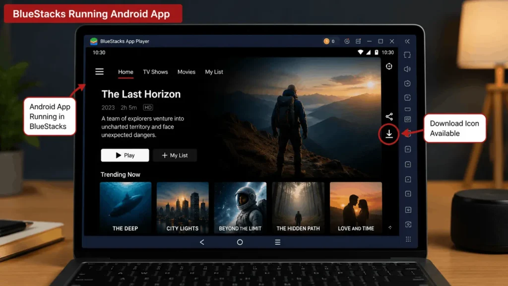 Netflix Android app running inside BlueStacks emulator on Windows laptop with download icon highlighted