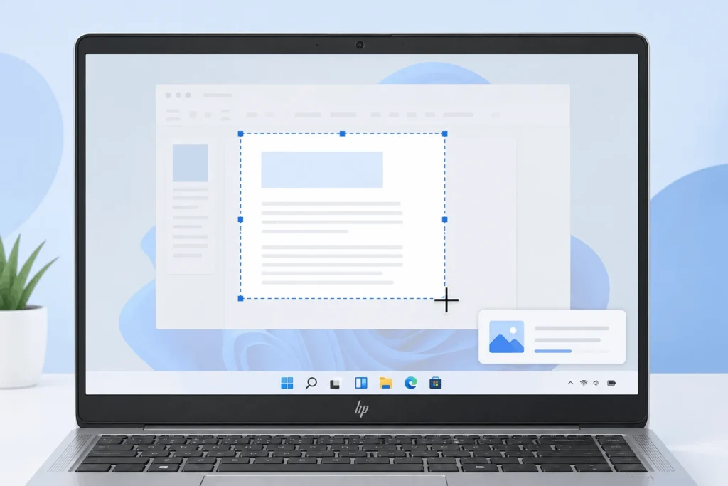Screenshot on HP laptop: 6 easy methods for Windows 2 Windows key + Shift + S crosshair cursor selecting a screen area on an HP laptop with notification bubble