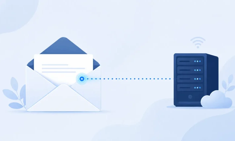 Illustration showing how to stop email tracking with a pixel connecting an envelope to a server