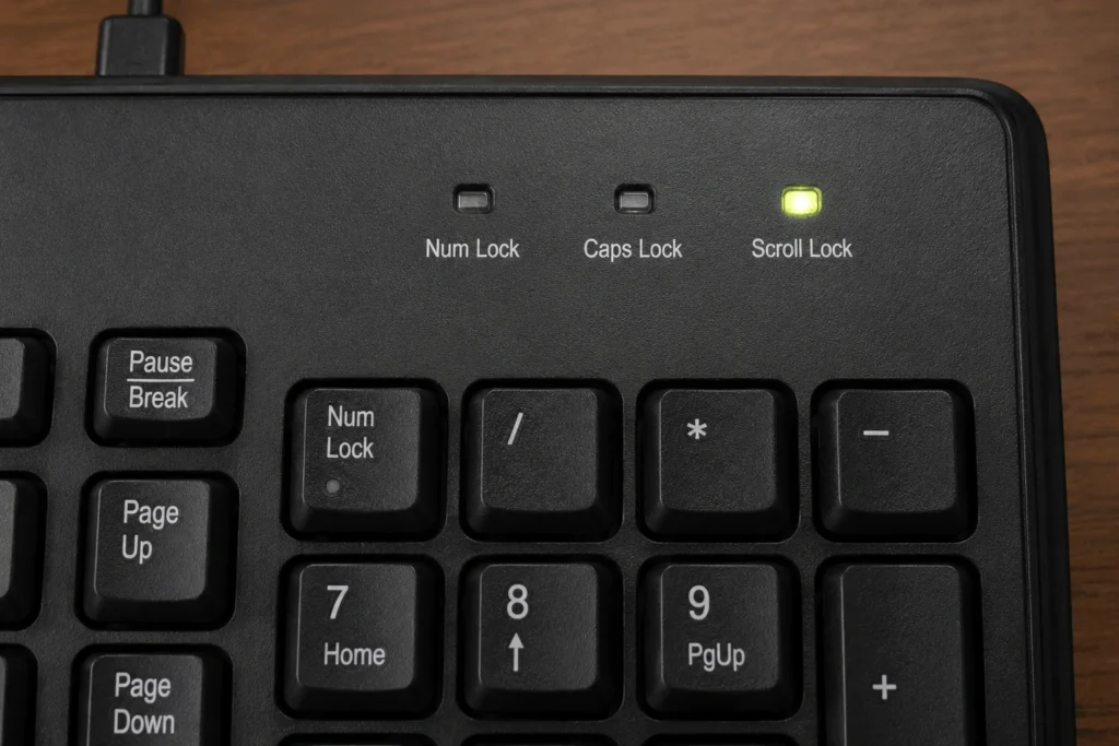 Scroll Lock On Laptop: What It Does And How To Fix It 3 Close-up of a full-size external keyboard showing the Num Lock, Caps Lock, and Scroll Lock indicator lights with the Scroll Lock light turned on.