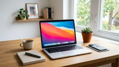 MacBook screen showing a custom desktop wallpaper after changing it in System Settings