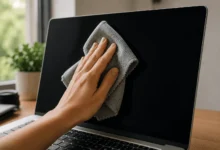 Hand wiping a laptop screen with a microfiber cloth in top-to-bottom strokes