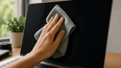 How to Clean a Laptop Screen Safely (2026) 7 Hand wiping a laptop screen with a microfiber cloth in top-to-bottom strokes