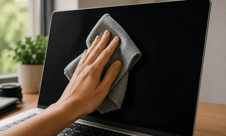 How to Clean a Laptop Screen Safely (2026) 1 Hand wiping a laptop screen with a microfiber cloth in top-to-bottom strokes