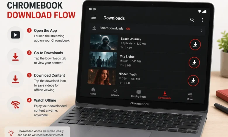 Chromebook screen showing Netflix app Downloads section with download icon for offline viewing