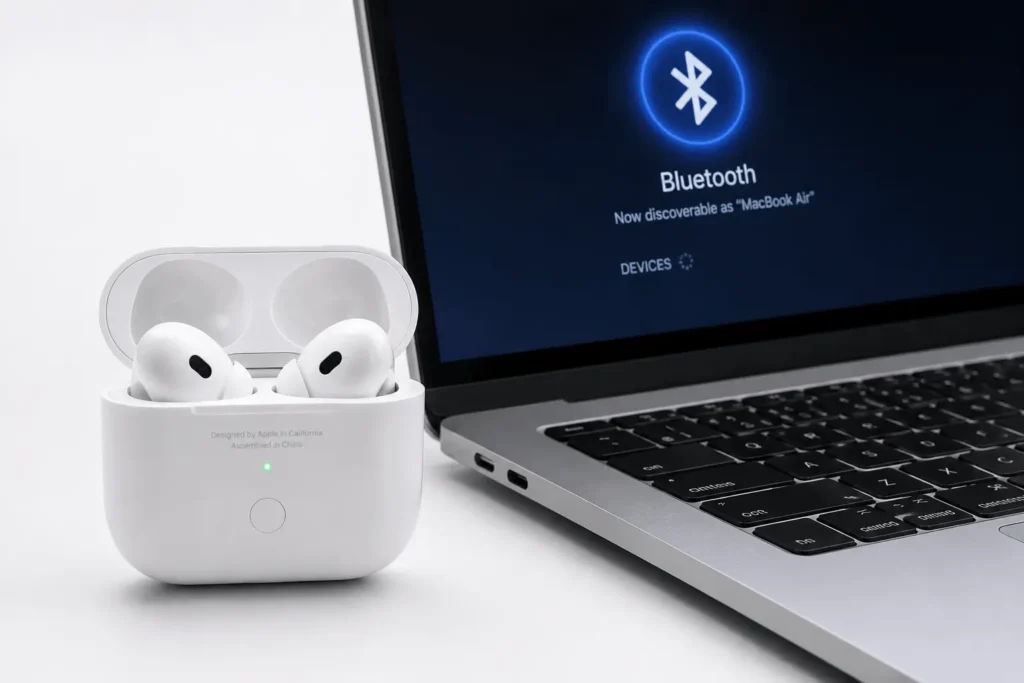 How to Connect AirPods to a Laptop (Windows and Mac) 2 Open AirPods case showing setup button and status light next to a laptop with Bluetooth enabled