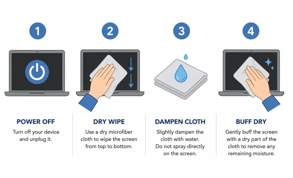 How to Clean a Laptop Screen Safely (2026) 2 Four-step infographic showing how to clean a laptop screen safely