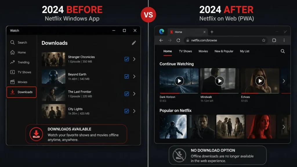 Comparison of old Netflix Windows app with Downloads tab versus new 2024 version without download button