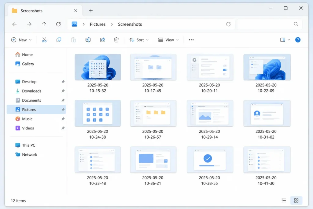Screenshot on HP laptop: 6 easy methods for Windows 3 File Explorer showing Pictures Screenshots folder with saved HP laptop screenshot files sorted by date