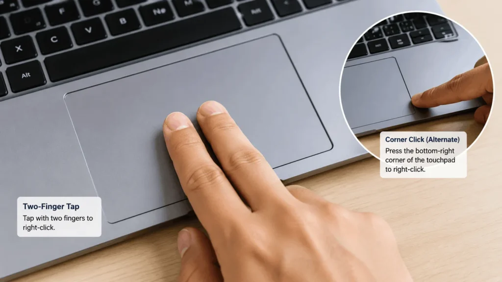 How to Right Click on a Laptop (Windows, Mac, Chromebook) 2 Hand performing two-finger tap gesture on laptop touchpad with bottom-right corner click shown as alternate method