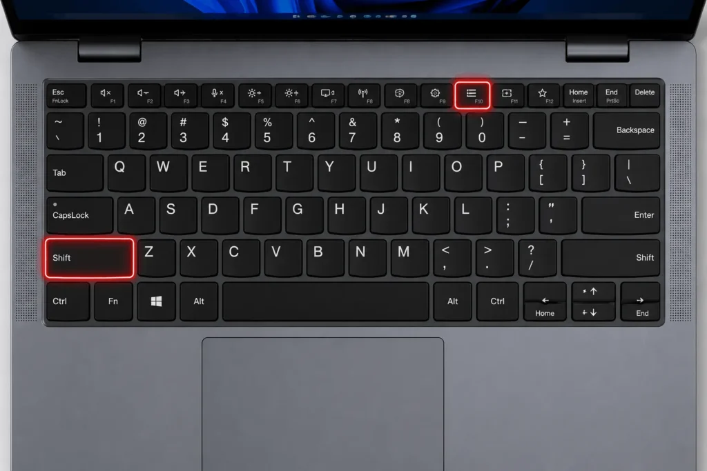 How to Right Click on a Laptop (Windows, Mac, Chromebook) 3 Laptop keyboard with Shift key and F10 key highlighted for right-click shortcut