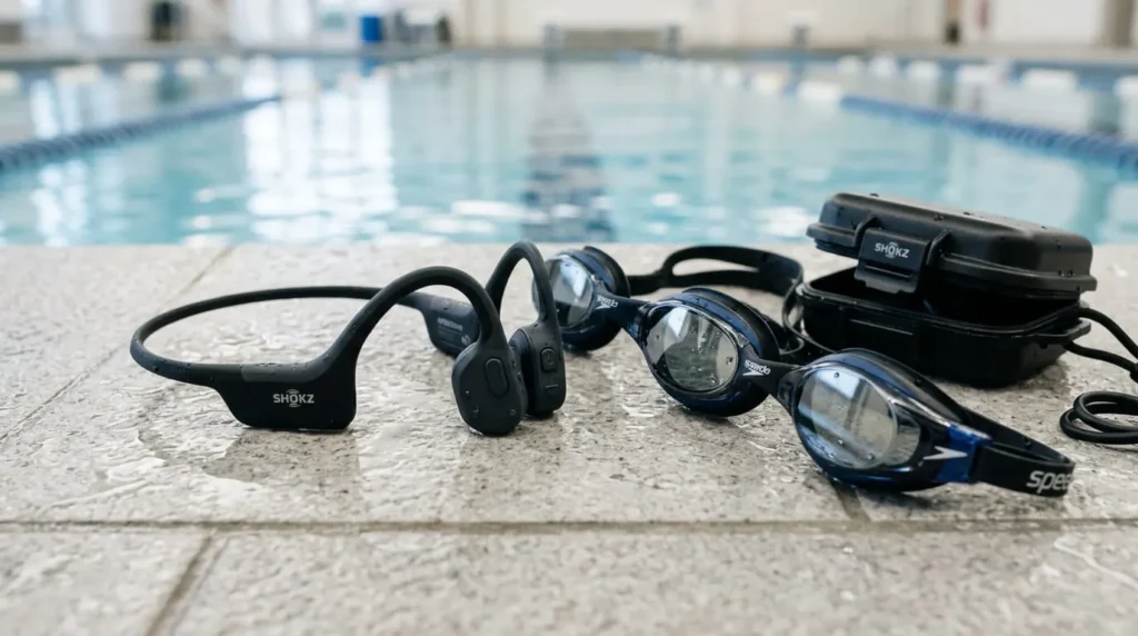 Swimming Headphones: A Complete Buying Guide 2 Bone conduction swimming headphones next to goggles on a pool deck