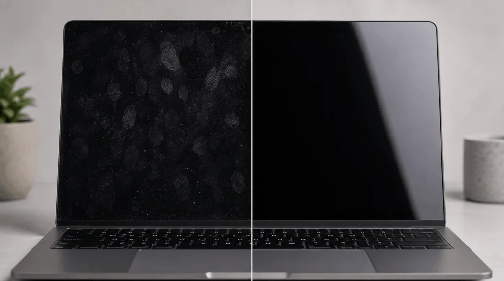 How to Clean a Laptop Screen Safely (2026) 3 Laptop touchscreen before and after cleaning, smudges removed
