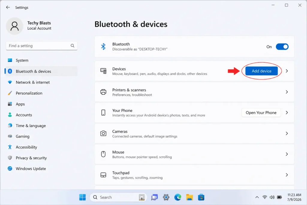 How to Connect AirPods to a Laptop (Windows and Mac) 3 Windows 11 Bluetooth & devices settings page with Add device button highlighted for AirPods pairing