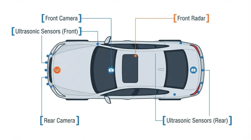 Diagram showing ADAS sensor placement on a car, including front radar, cameras, and ultrasonic sensors used in automotive technology