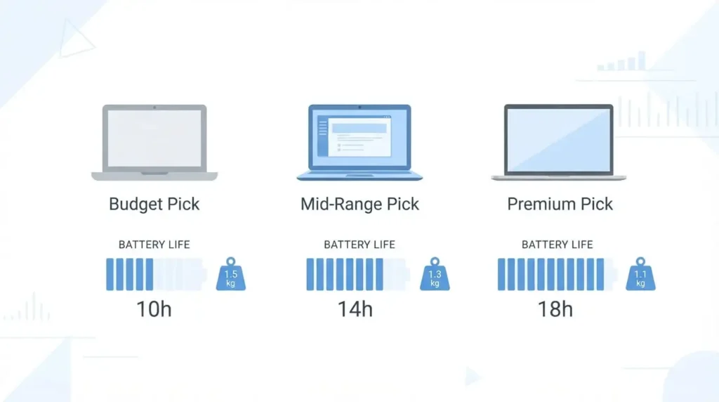 Battery life and weight comparison chart for budget, mid-range, and premium business laptops