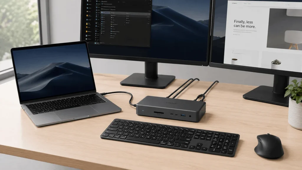 Laptop connected to a docking station with cables running to two monitors, a keyboard, and a mouse