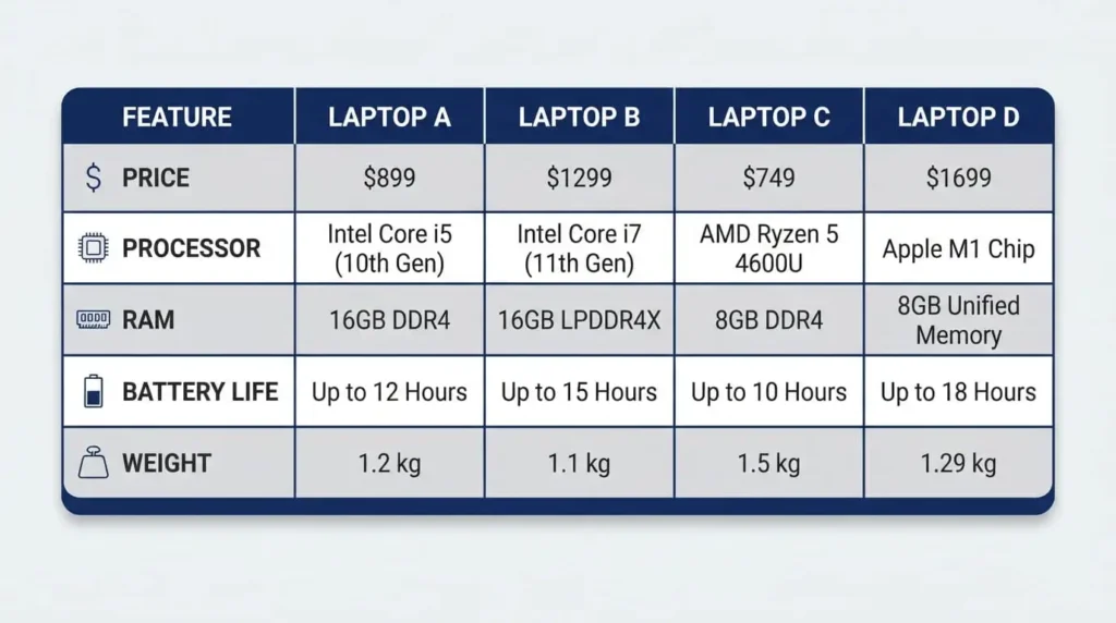 Comparison table of price, processor, RAM, battery life, and weight for top business and personal laptops