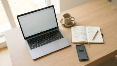 Best laptop for business and personal use on a desk with coffee and notebook