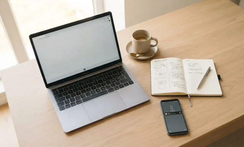Best laptop for business and personal use on a desk with coffee and notebook