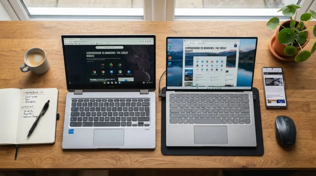 Difference Between Laptop and Chromebook: What You Need to Know 4 Chromebook and Windows laptop displayed together as a buying guide comparison for choosing the right device