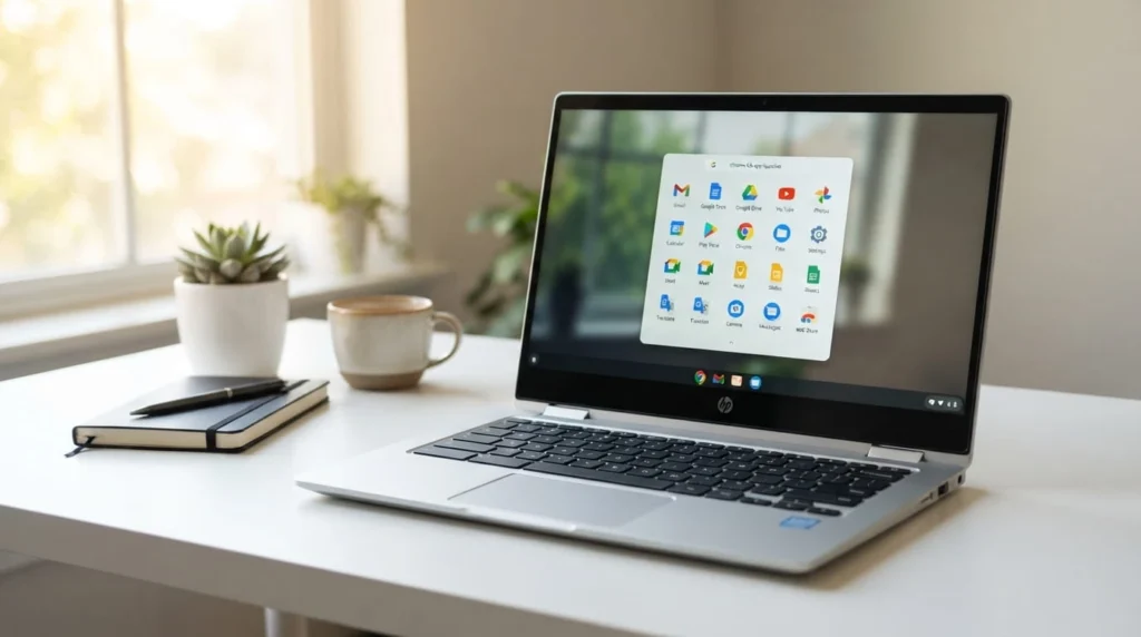 Difference Between Laptop and Chromebook: What You Need to Know 2 Open chromebook displaying the Chrome OS home screen with app launcher and Google apps