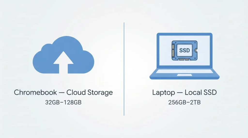 Difference Between Laptop and Chromebook: What You Need to Know 3 Infographic comparing chromebook cloud storage capacity with laptop local SSD storage capacity