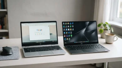 Chromebook and Windows laptop side by side showing the key differences between the two devices