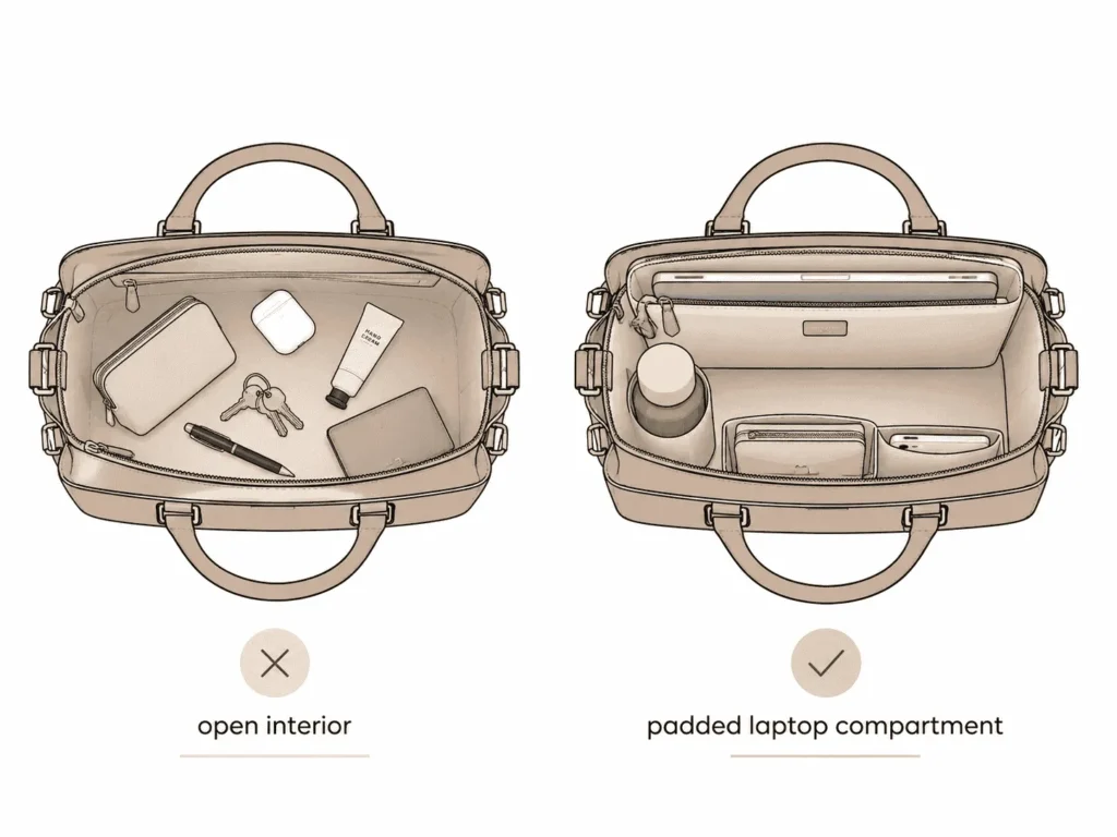 Coach Laptop Bag: How To Choose The Right Size And Style 2 Diagram comparing an open handbag interior to a padded Coach laptop bag compartment