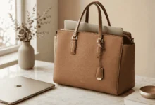 Tan pebbled-leather Coach laptop bag tote with a laptop inside on a desk