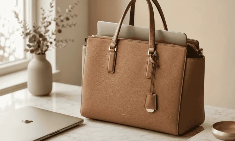 Coach Laptop Bag: How To Choose The Right Size And Style 1 Tan pebbled-leather Coach laptop bag tote with a laptop inside on a desk