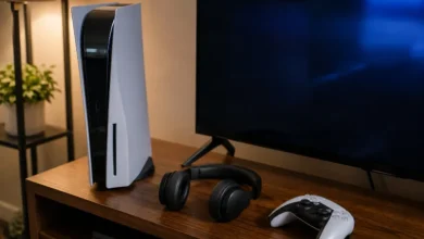PS5 console with Bluetooth headphones on media stand