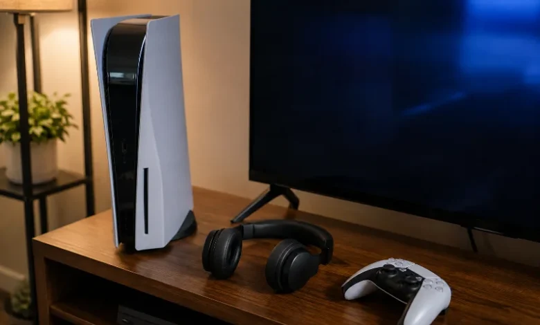 How to Connect Bluetooth Headphones to PS5 (2026) 1 PS5 console with Bluetooth headphones on media stand
