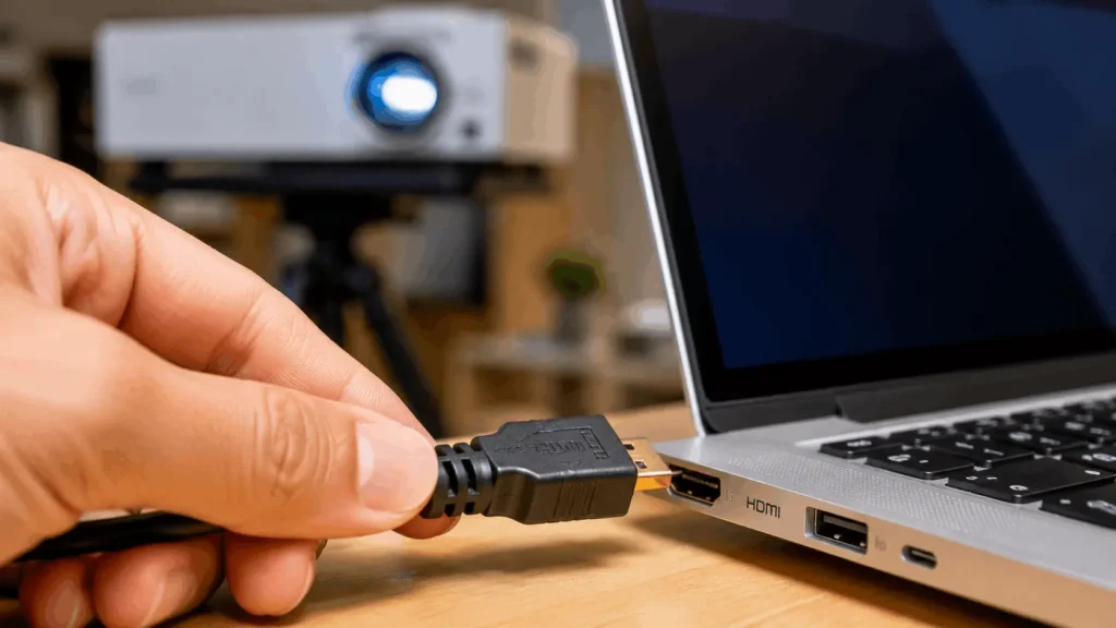 Person plugging an HDMI cable into a laptop's side port with a projector visible in the background
