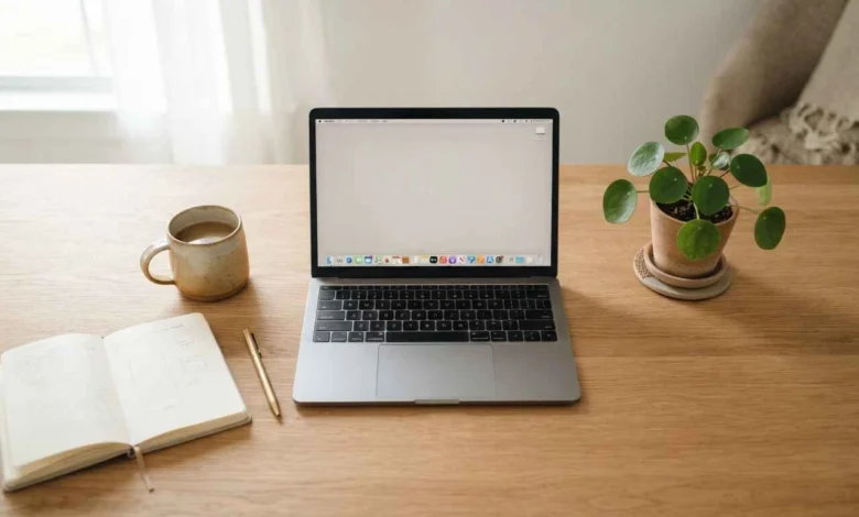 Minimal home office desk setup with a laptop, coffee, and notebook for remote work in 2026