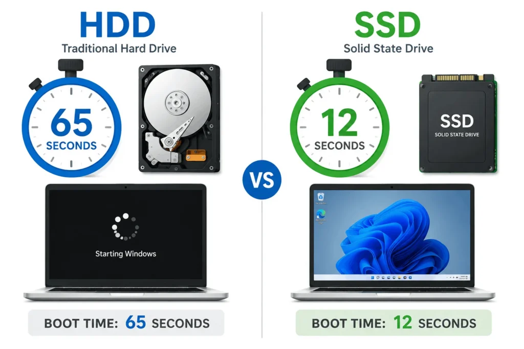 Why Is My Laptop So Slow? 8 Real Fixes That Work 3 Comparison graphic showing HDD boot time of 65 seconds versus SSD boot time of 12 seconds on a laptop