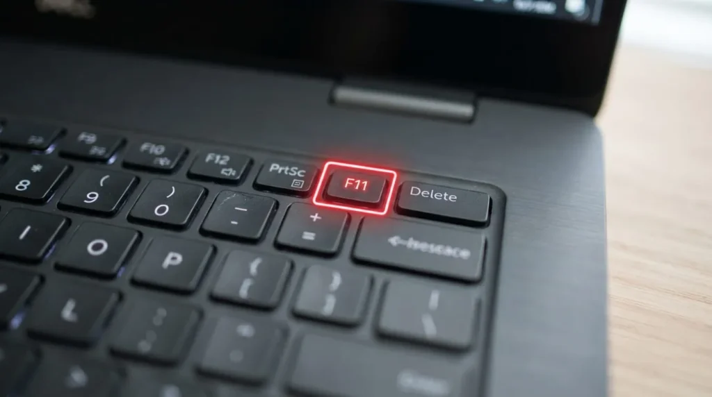 How To Factory Reset An HP Laptop 4 Laptop keyboard close-up with the F11 key highlighted to enter HP Recovery Manager at startup