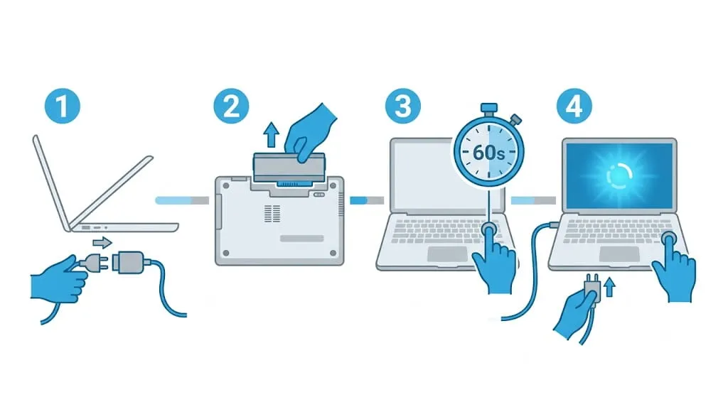 HP Laptop Not Turning on: What To Check And How To Fix It 3 Four step diagram showing how to hard reset an HP laptop that will not turn on