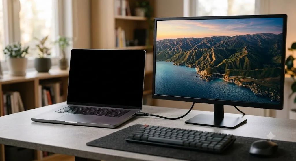 HP Laptop Not Turning on: What To Check And How To Fix It 4 HP laptop with a black screen connected to an external monitor via HDMI to test the display