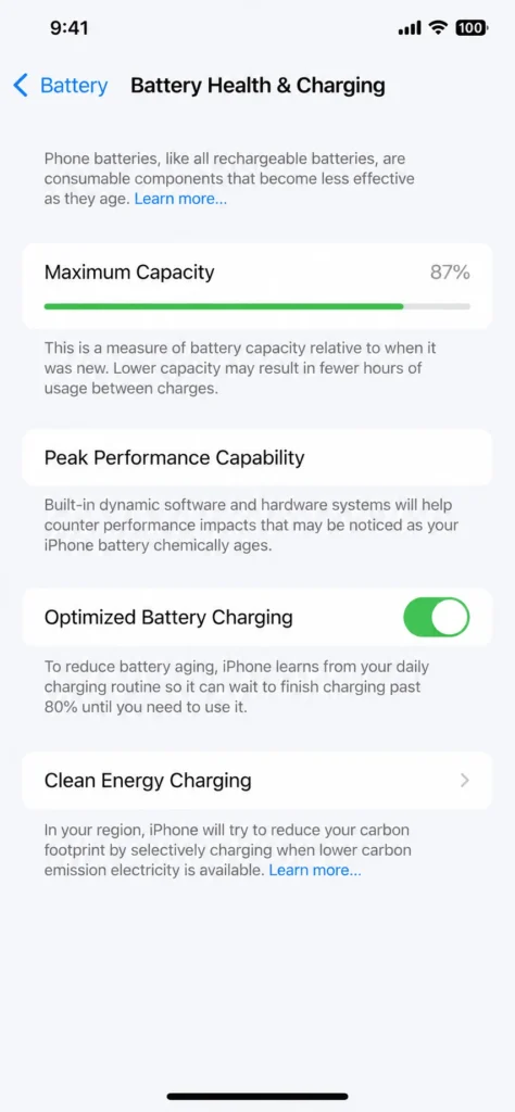 IPHONE Not Charging: Causes And Fixes That Work 4 iPhone Battery Health & Charging settings screen showing 87% maximum battery capacity and Optimized Battery Charging turned on.