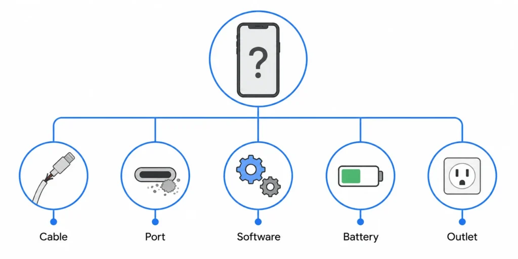 IPHONE Not Charging: Causes And Fixes That Work 2 Minimalist flowchart showing common iPhone charging issues including cable, charging port, software, battery, and wall outlet.