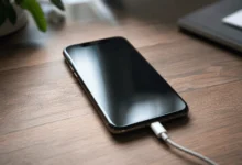Close-up of an iPhone lying on a wooden desk with a charging cable plugged in and a black screen showing no charging indicator.