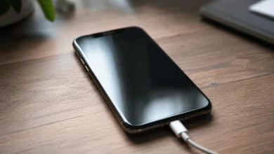 iPhone Not Charging: Causes And Fixes That Work 1 Close-up of an iPhone lying on a wooden desk with a charging cable plugged in and a black screen showing no charging indicator.