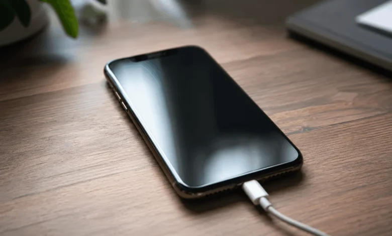 IPHONE Not Charging: Causes And Fixes That Work 1 Close-up of an iPhone lying on a wooden desk with a charging cable plugged in and a black screen showing no charging indicator.