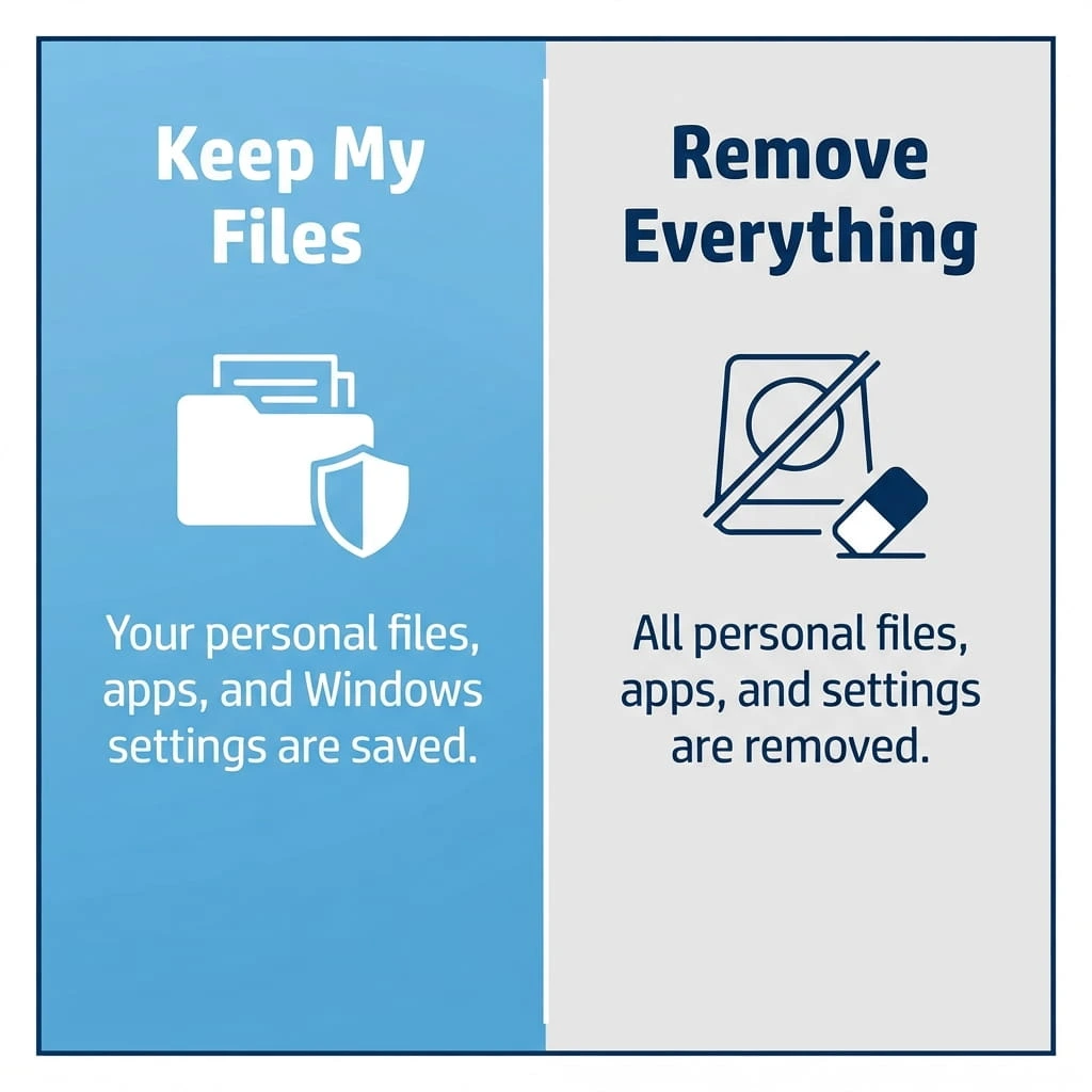 How To Factory Reset An HP Laptop 3 Comparison graphic of Keep My Files versus Remove Everything options when resetting a Windows laptop