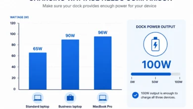 Bar chart comparing laptop charging wattage needs against a docking station's power delivery output